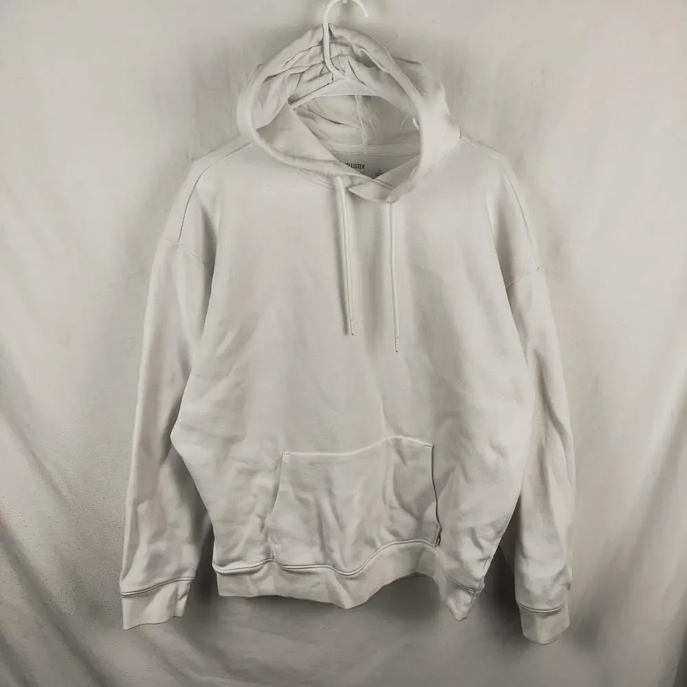 Hollister Hoodie Mens Large White Cooling Relaxed Fit Pullover Fleece Sweatshirt